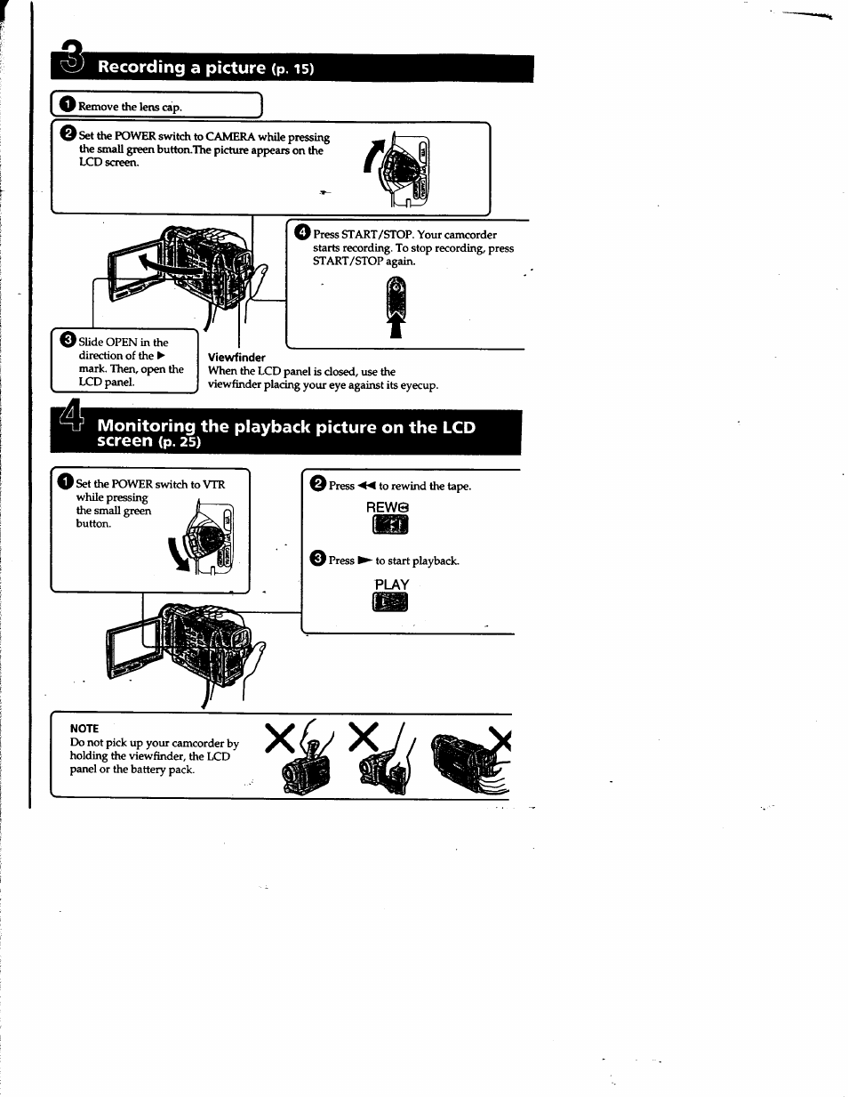 Recording a picture (p. is), Note, Monitoring the playback picture on the lcd screen | P. 25), Rew0, Play | Sony DCR-TRV10 User Manual | Page 5 / 163