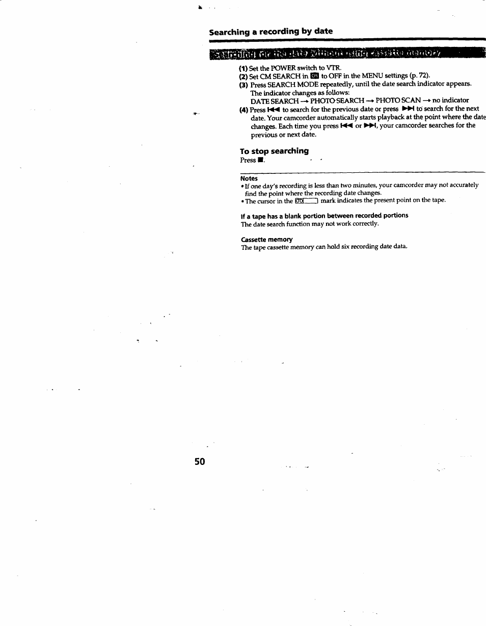 To stop searching, Searching a recording by date | Sony DCR-TRV10 User Manual | Page 50 / 163