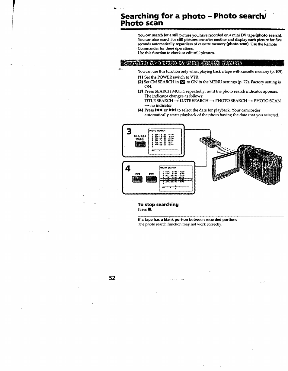 Searching for a photo - photo search/ photo scan, To stop searching, Searching for a photo - photo search | Photo scan | Sony DCR-TRV10 User Manual | Page 52 / 163