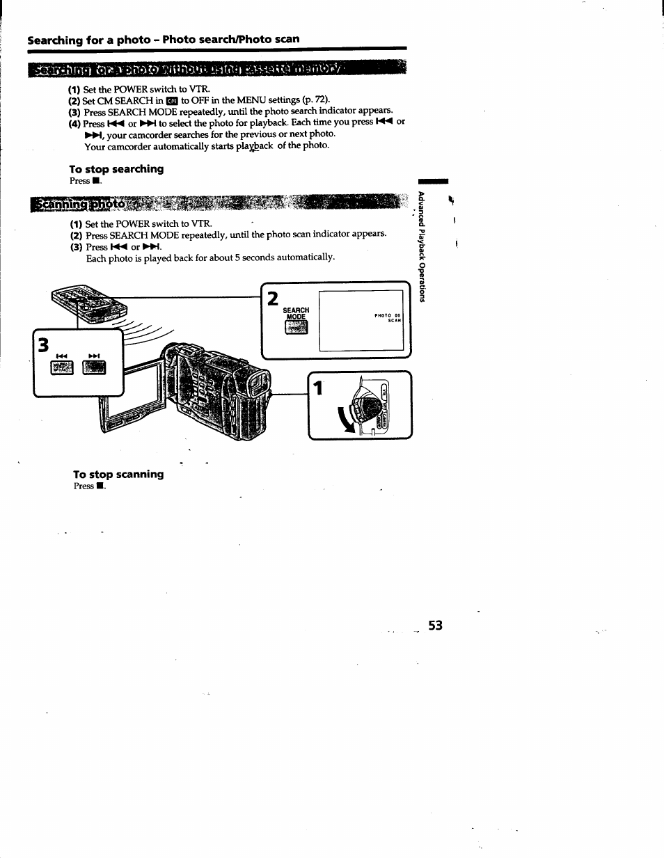 Searching for a photo - photo search/photo scan, To stop searching, To stop scanning | Sony DCR-TRV10 User Manual | Page 53 / 163