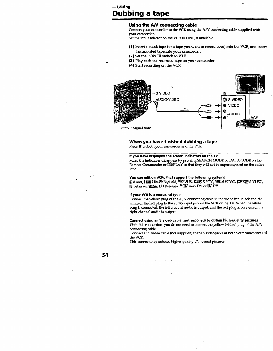 Dubbing a tape, Using the a/v connecting cabie, When you have finished dubbing a tape | If your vcr is a monaural type | Sony DCR-TRV10 User Manual | Page 54 / 163