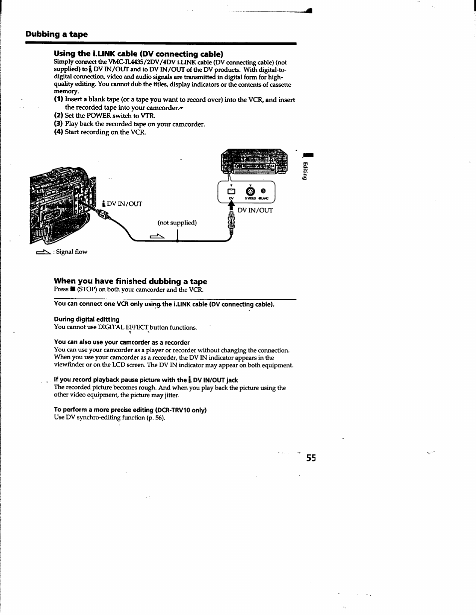 Using the ¡.link cable (dv connecting cable), When you have finished dubbing a tape, Dubbing a tape | Sony DCR-TRV10 User Manual | Page 55 / 163