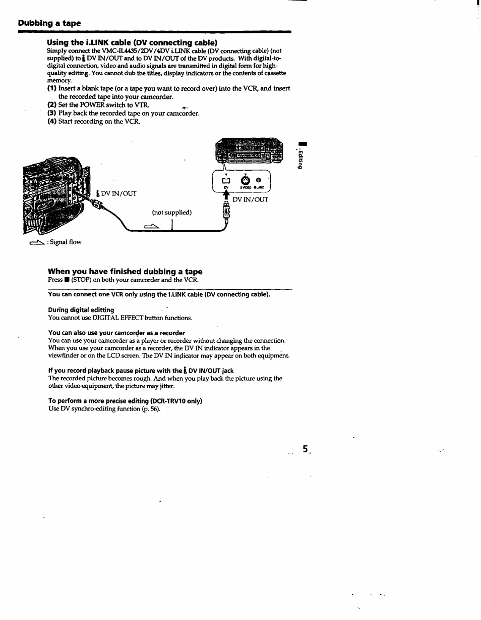 Using the ¡.link cable (dv connecting cable), When you have finished dubbing a tape | Sony DCR-TRV10 User Manual | Page 56 / 163