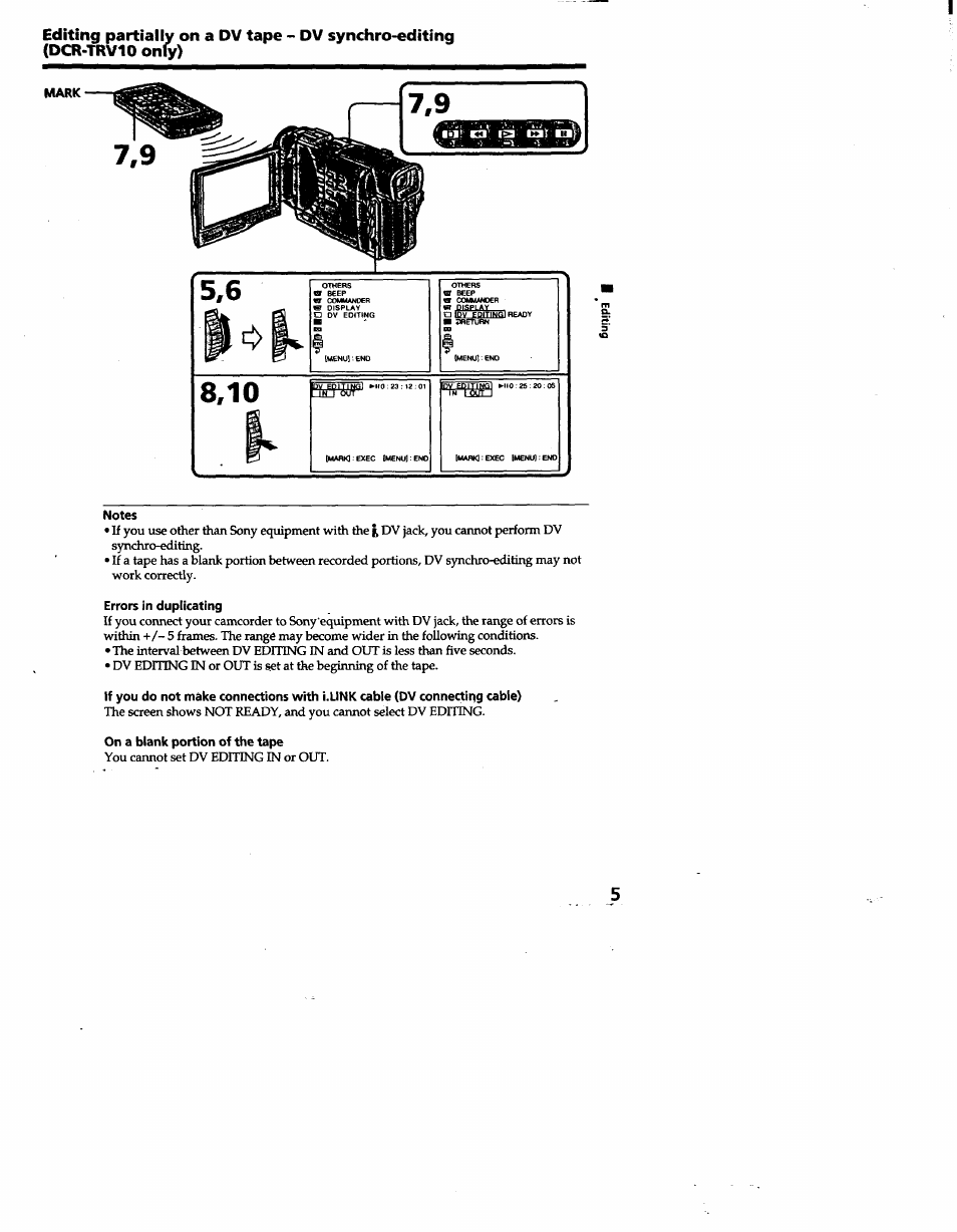 Notes, Errors in duplicating, On a blank portion of the tape | Sony DCR-TRV10 User Manual | Page 58 / 163