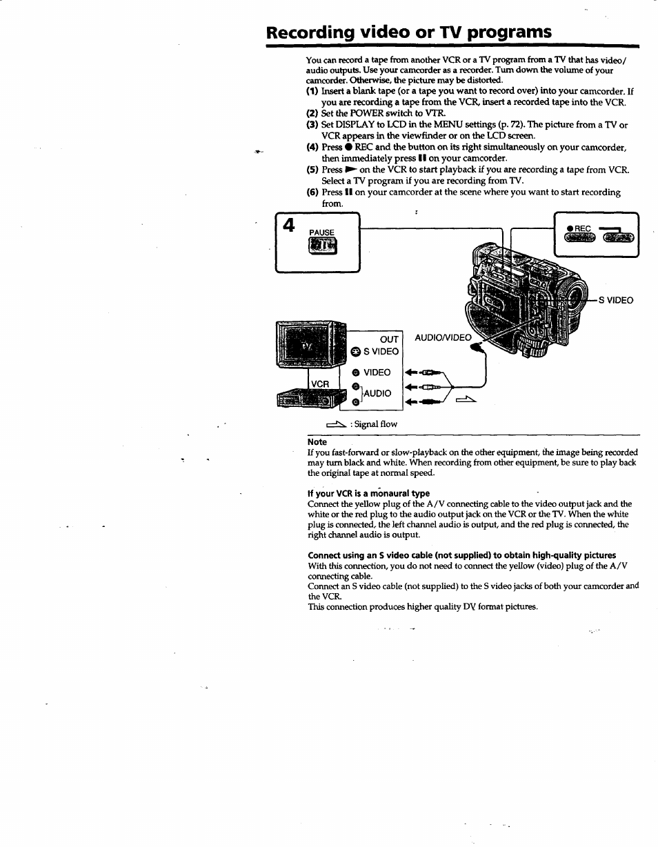 Recording video or tv programs, Note, If your vcr is a monaural type | Sony DCR-TRV10 User Manual | Page 59 / 163