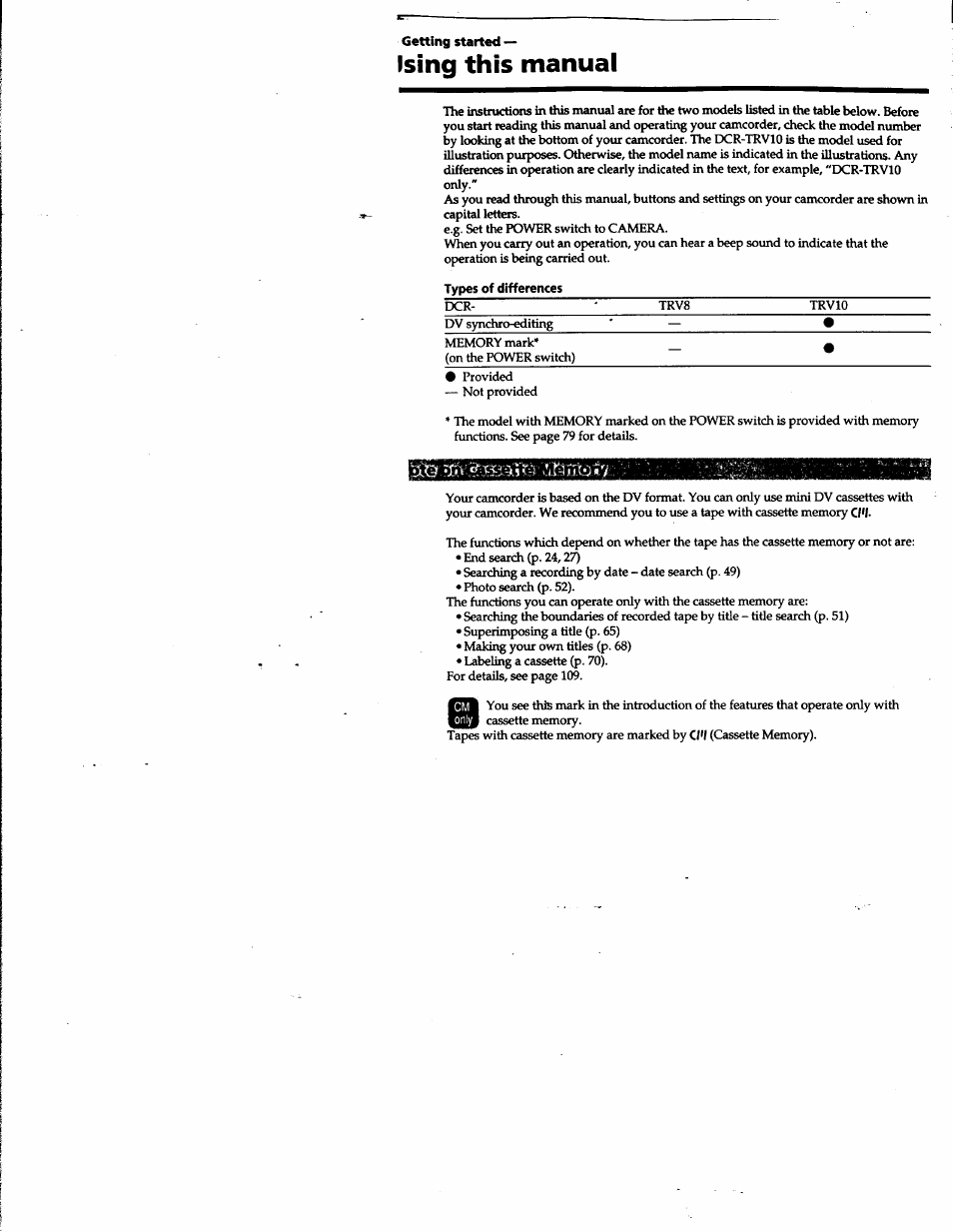 Ising this manual, Using this manual, Getting started | Sony DCR-TRV10 User Manual | Page 6 / 163