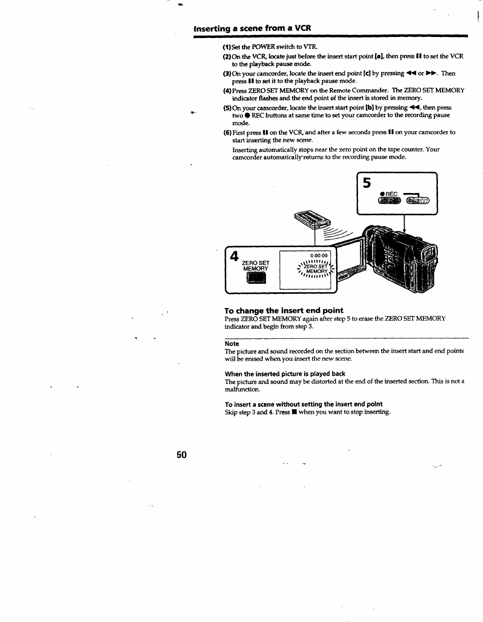 Inserting a scene from a vcr, To change the insert end point, Note | When the inserted picture is piayed back | Sony DCR-TRV10 User Manual | Page 61 / 163