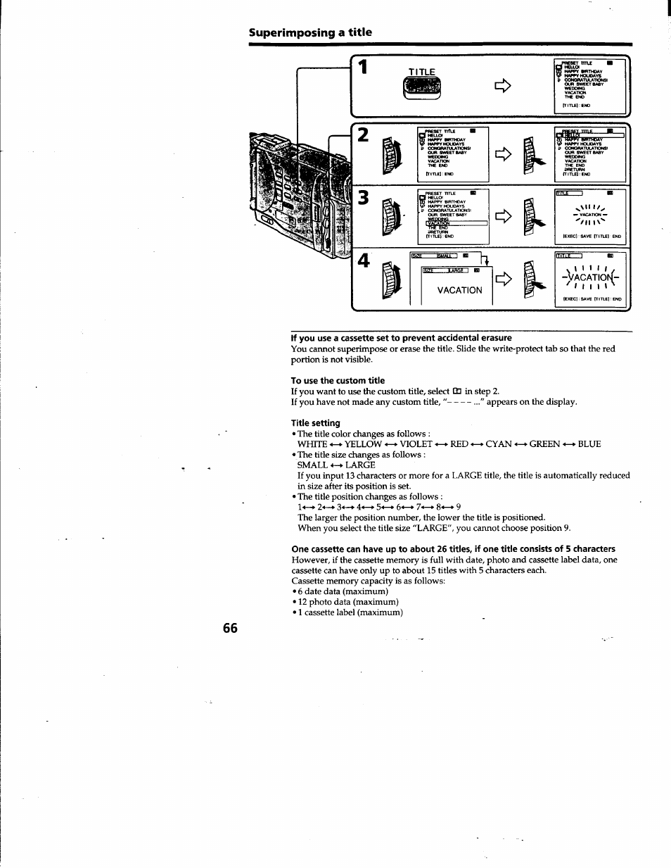 Superimposing a title, Title | Sony DCR-TRV10 User Manual | Page 67 / 163