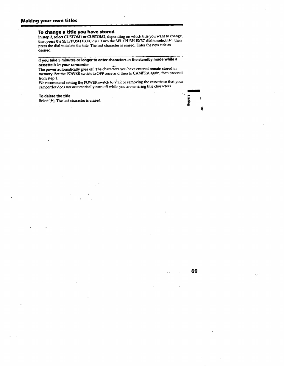 Making your own titles, To change a title you have stored, To delete the title | Sony DCR-TRV10 User Manual | Page 70 / 163