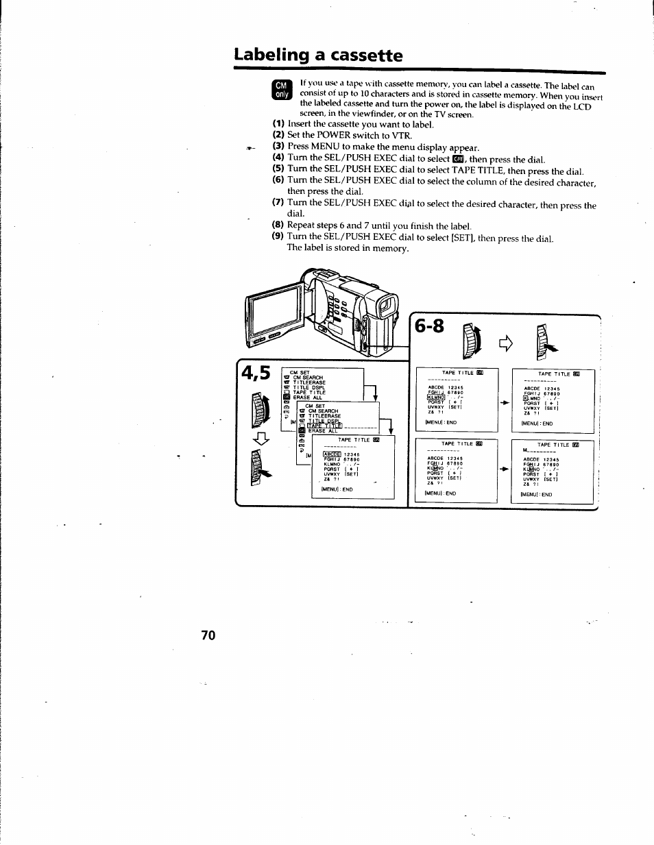 Labeling a cassette | Sony DCR-TRV10 User Manual | Page 71 / 163