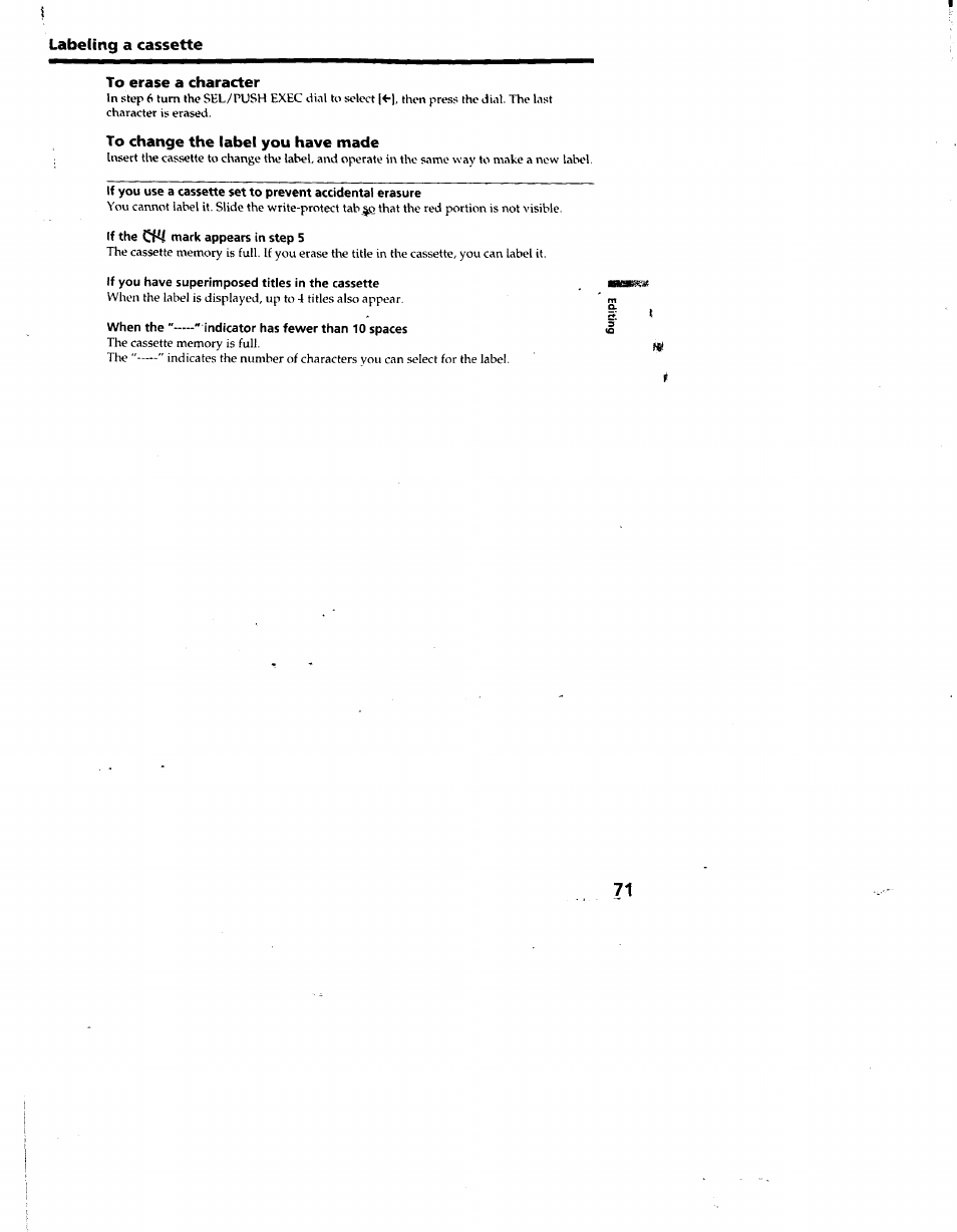 Labeling a cassette, To erase a character, To change the label you have made | If you have superimposed titles in the cassette, When the " " indicator has fewer than 10 spaces | Sony DCR-TRV10 User Manual | Page 72 / 163