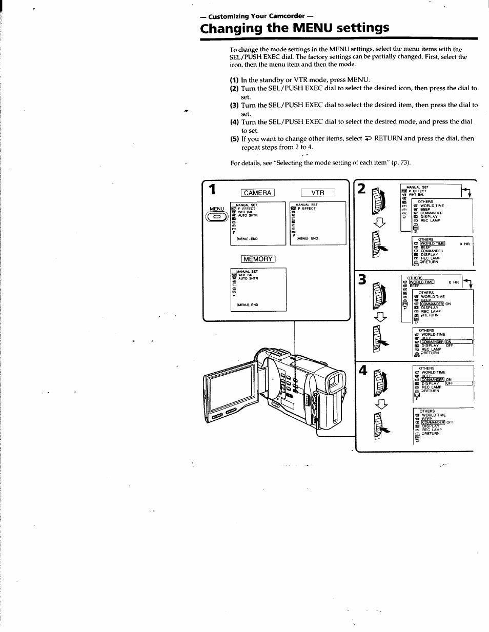 Customizing your camcorder, Changing the menu settings | Sony DCR-TRV10 User Manual | Page 73 / 163