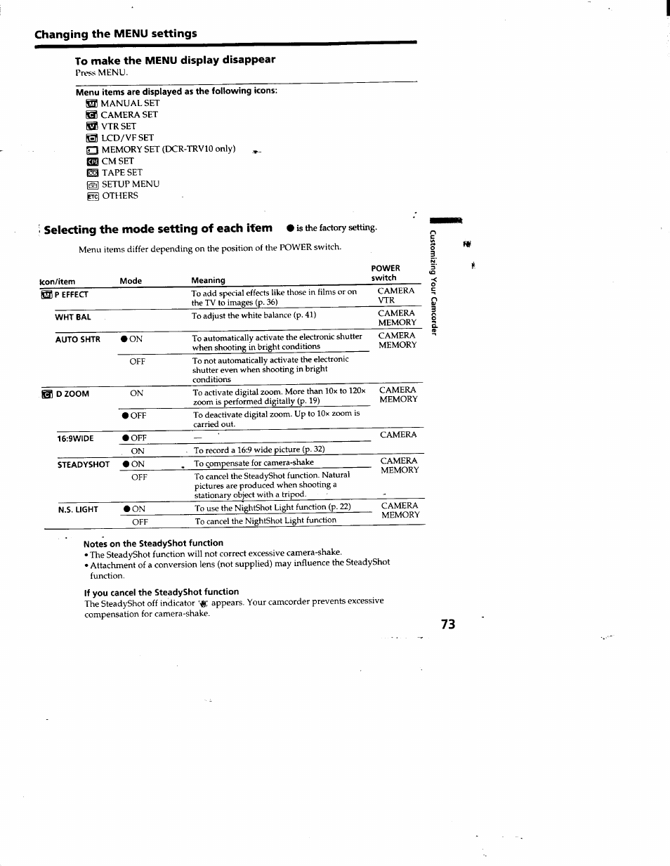 Notes on the steadyshot function, Selecting the mode setting of each item | Sony DCR-TRV10 User Manual | Page 74 / 163