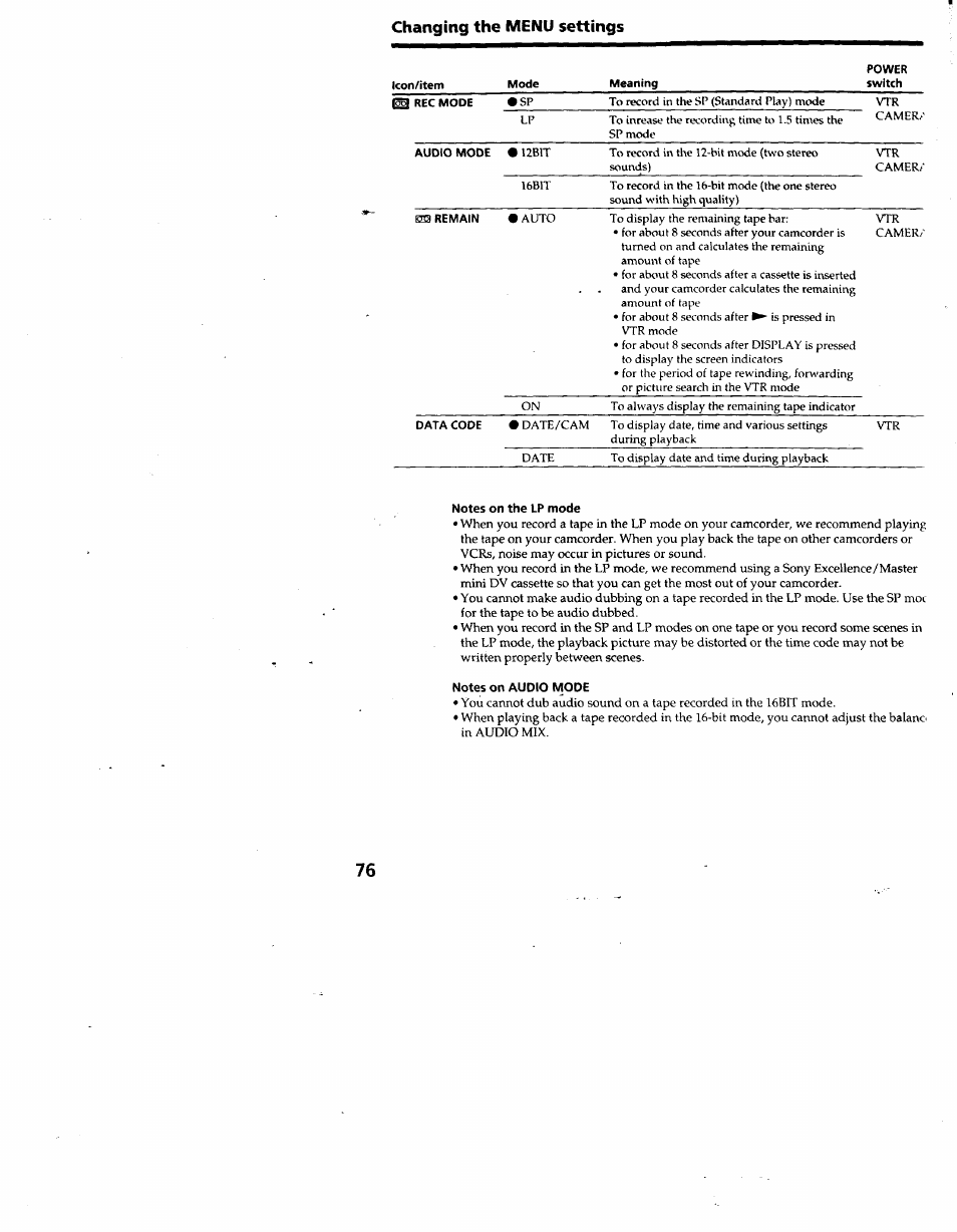 Notes on the lp mode, Notes on audio mode | Sony DCR-TRV10 User Manual | Page 76 / 163