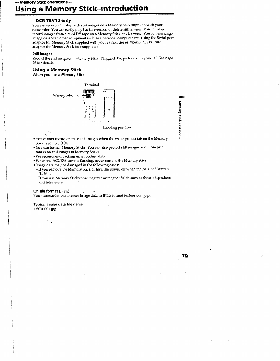 I — memory stick operations, Using a memory stick-introduction, Using a memory stick | On file format (jpeg), Typical image data file name, Memory stick operations, Dcr-trv10 only | Sony DCR-TRV10 User Manual | Page 79 / 163