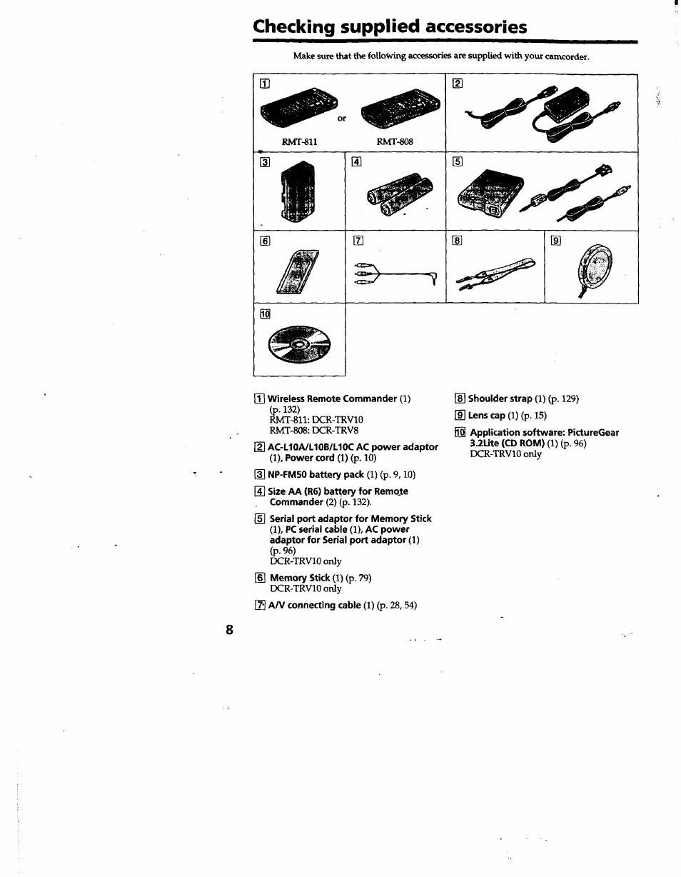 Checking supplied accessories | Sony DCR-TRV10 User Manual | Page 8 / 163