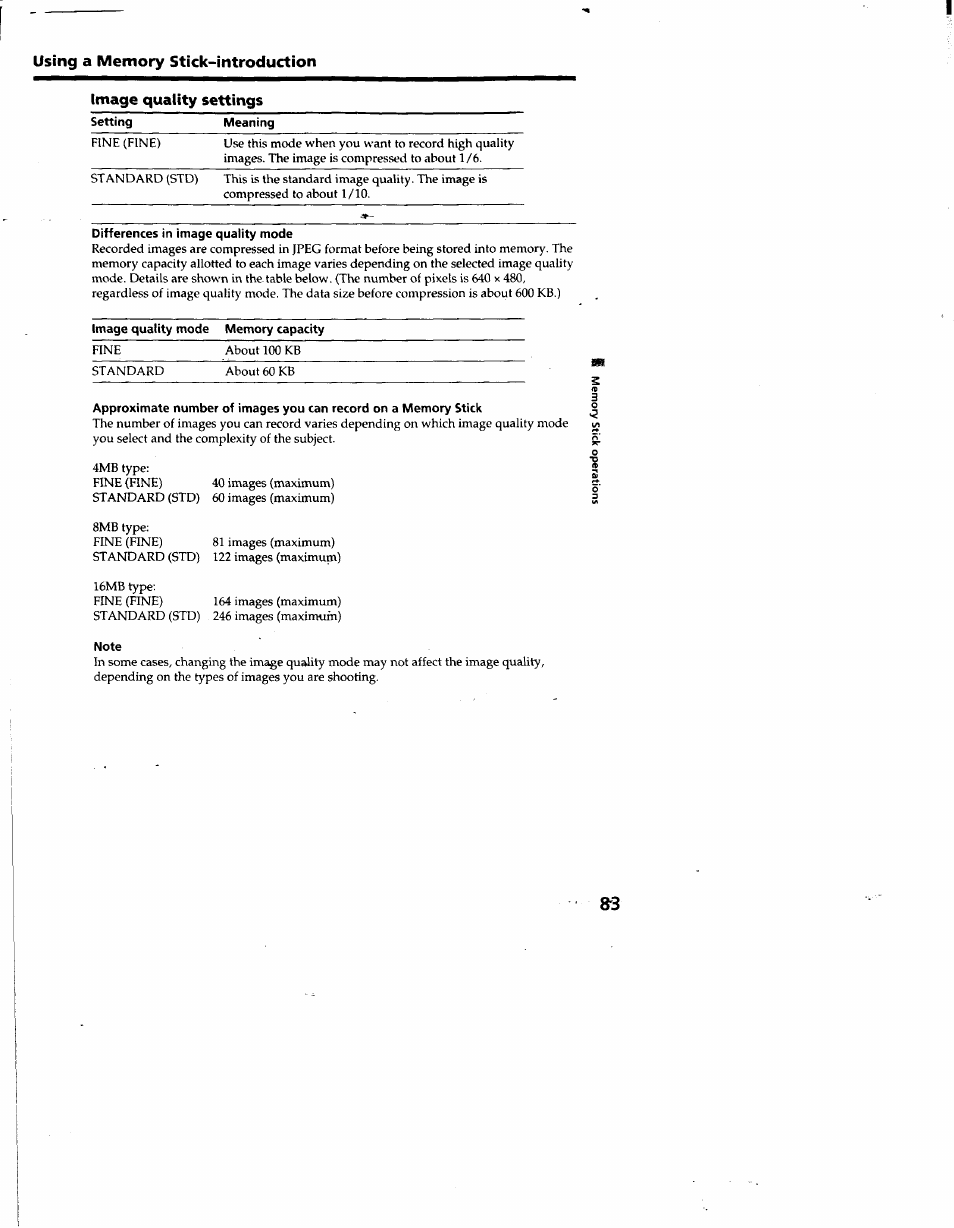 Differences in image quality mode, Note, Mage quality settings | Sony DCR-TRV10 User Manual | Page 83 / 163