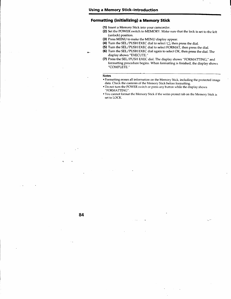 Formatting (initializing) a memory stick | Sony DCR-TRV10 User Manual | Page 84 / 163