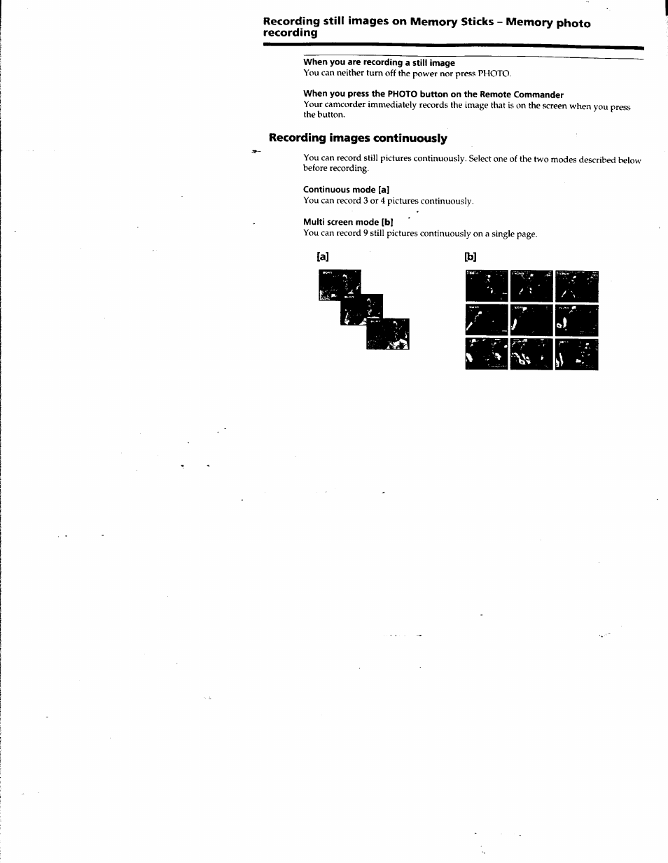 When you are recording a still image, Recording images continuously, Continuous mode [a | Multi screen mode [b | Sony DCR-TRV10 User Manual | Page 86 / 163