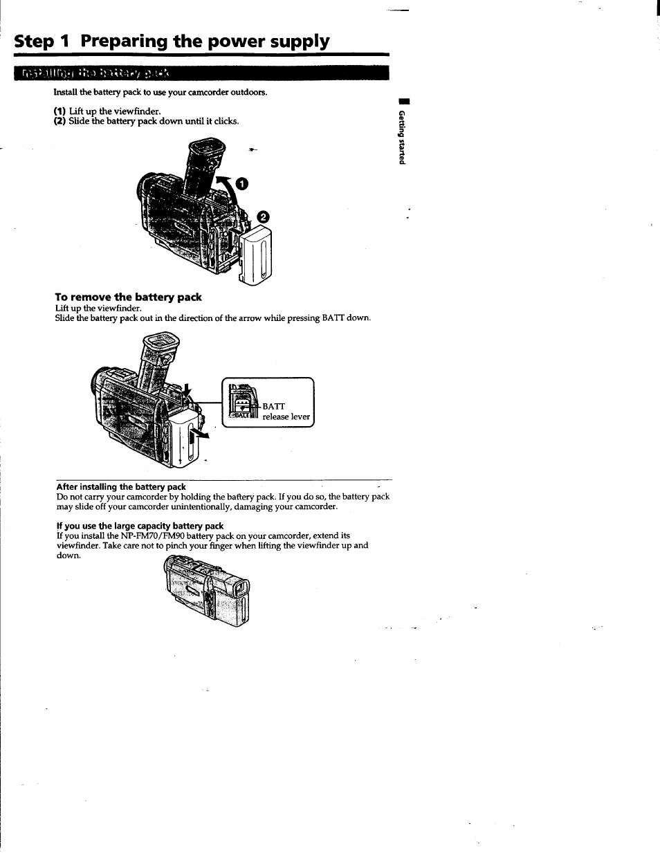 Step 1 preparing the power supply, To remove the battery pack, Гг-3'jhl'il | 0e b | Sony DCR-TRV10 User Manual | Page 9 / 163