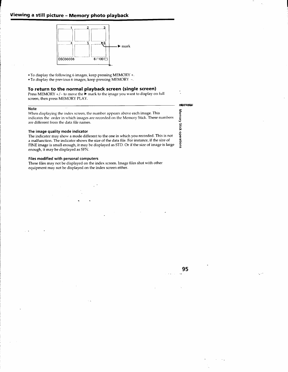 The image quality mode indicator, Files modified with personal computers | Sony DCR-TRV10 User Manual | Page 95 / 163