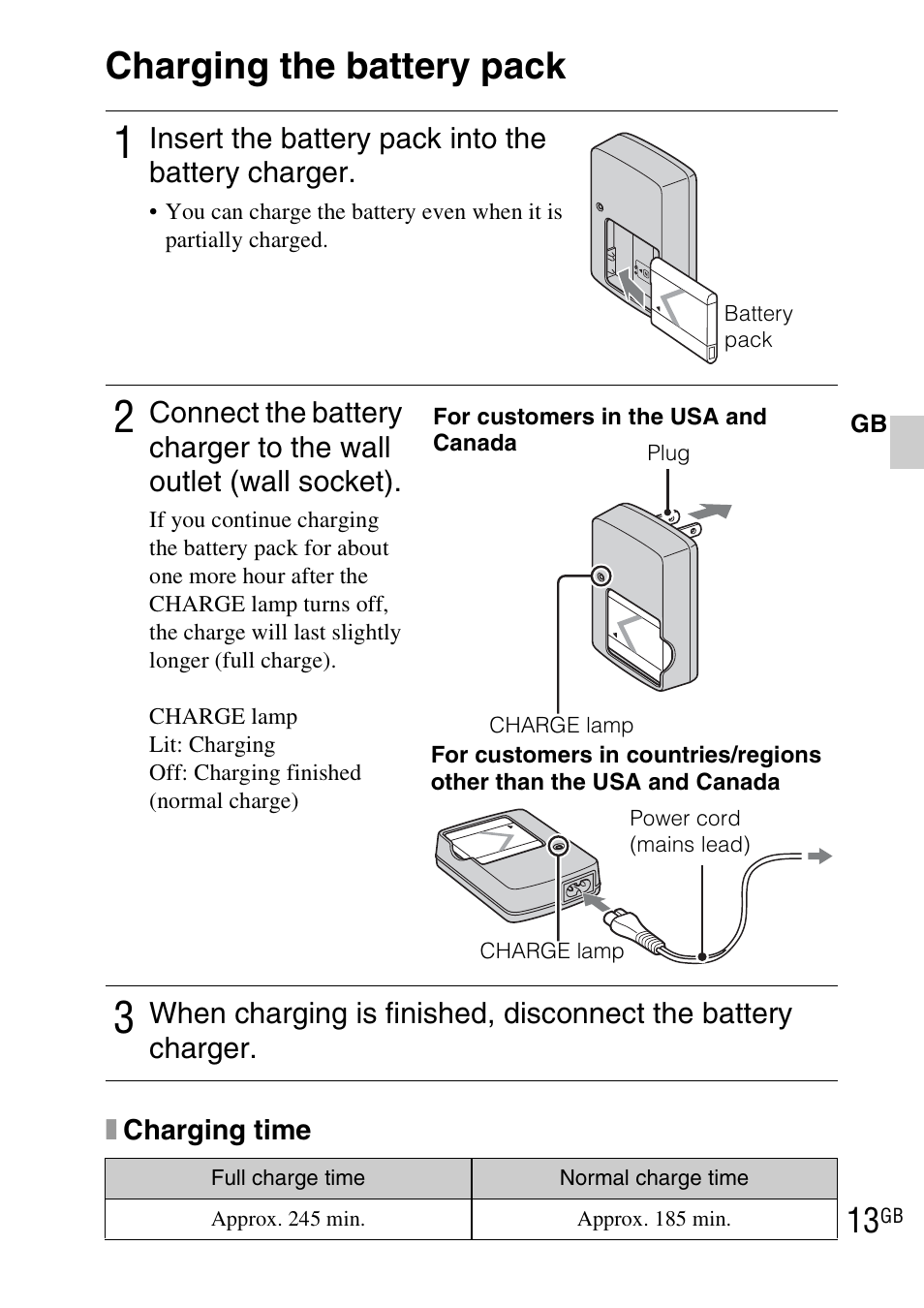 Charging the battery pack | Sony DSC-TX7 User Manual | Page 13 / 64