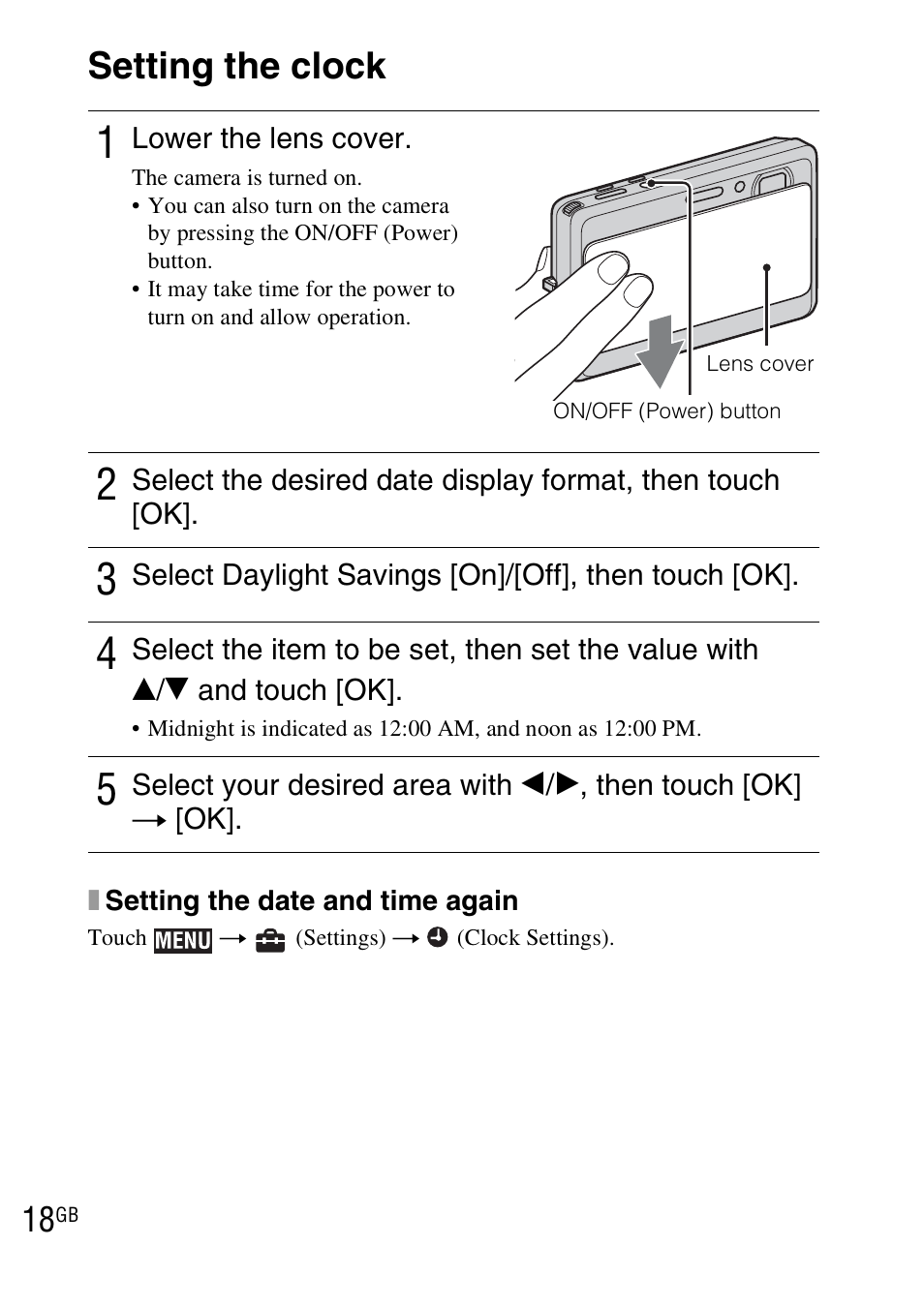 Setting the clock | Sony DSC-TX7 User Manual | Page 18 / 64