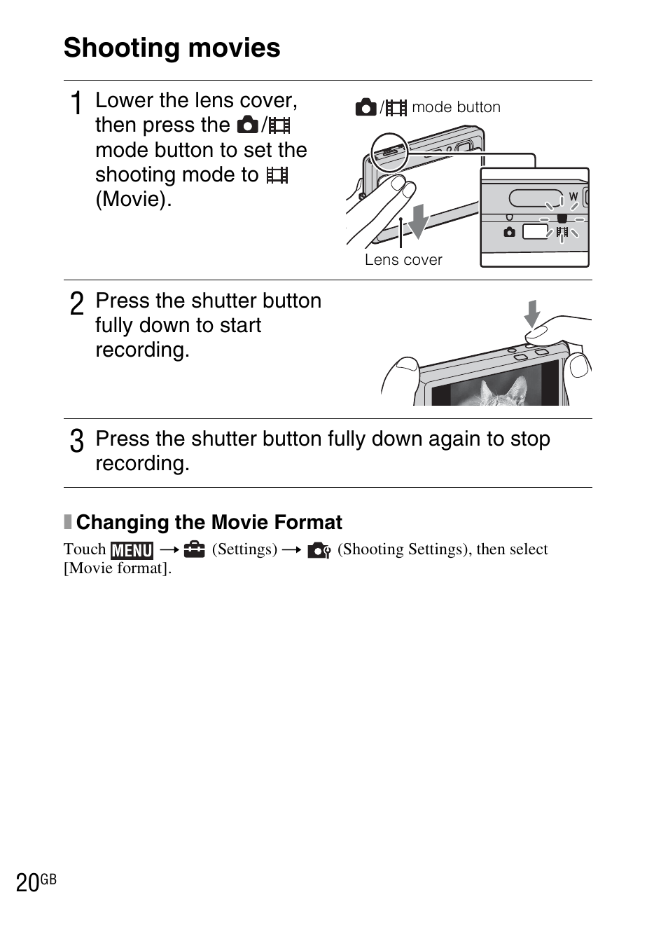 Shooting movies | Sony DSC-TX7 User Manual | Page 20 / 64