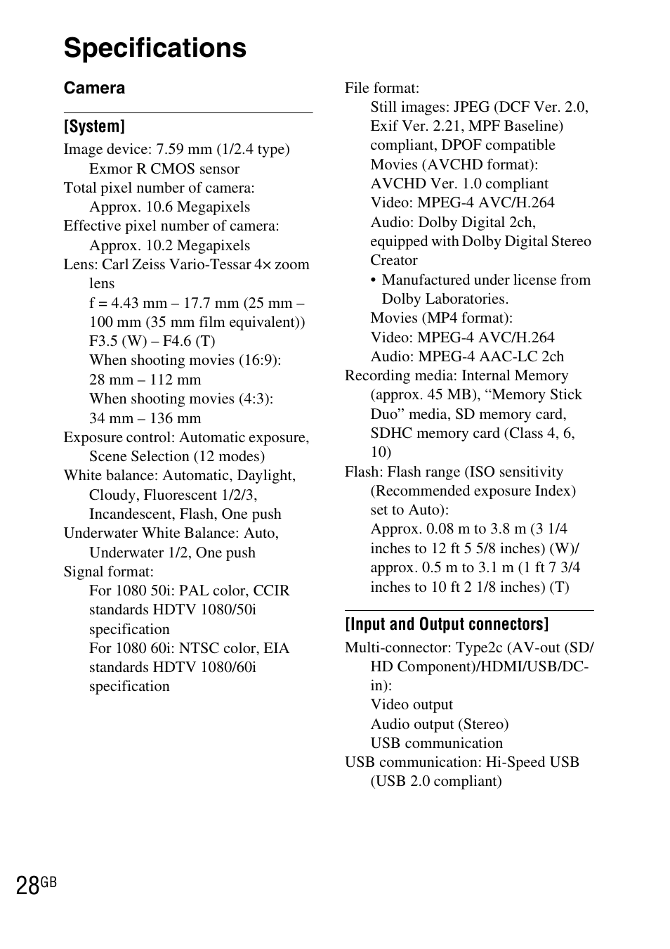 Specifications | Sony DSC-TX7 User Manual | Page 28 / 64