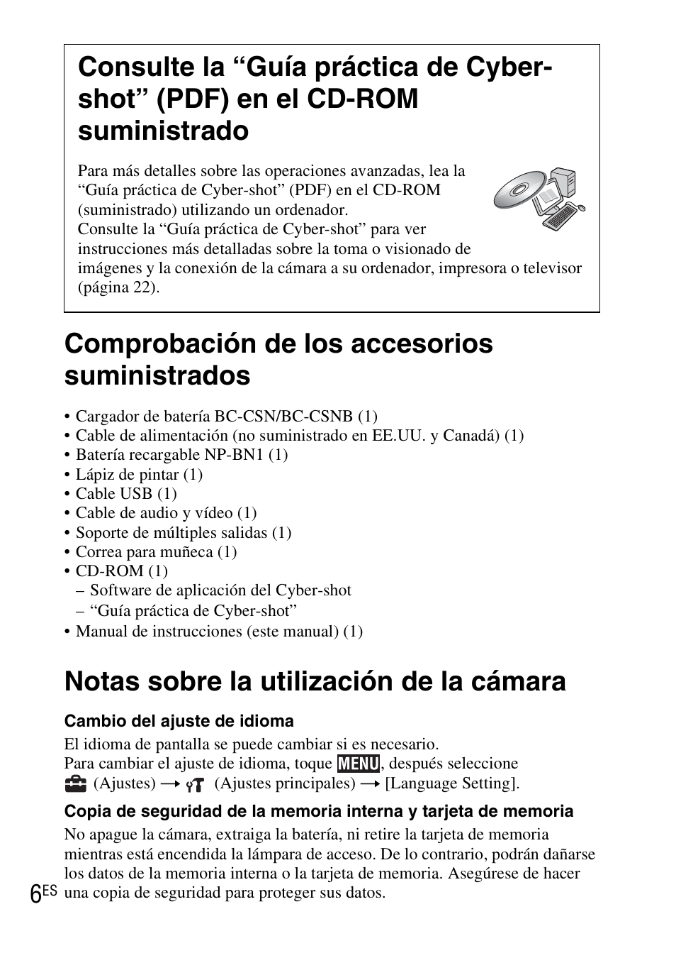 Comprobación de los accesorios suministrados, Notas sobre la utilización de la cámara | Sony DSC-TX7 User Manual | Page 36 / 64