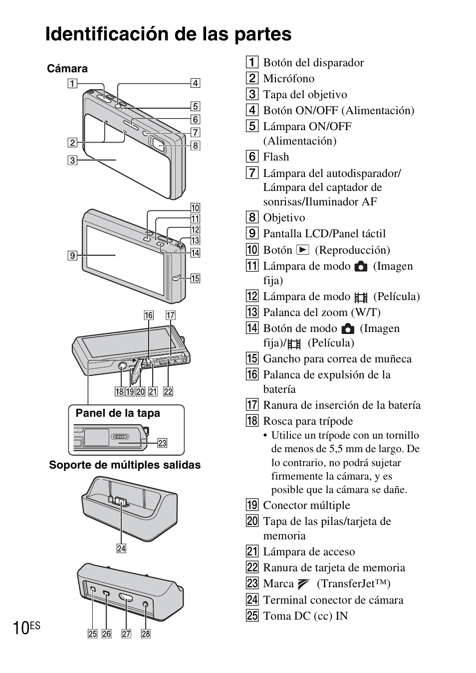 Identificación de las partes | Sony DSC-TX7 User Manual | Page 40 / 64