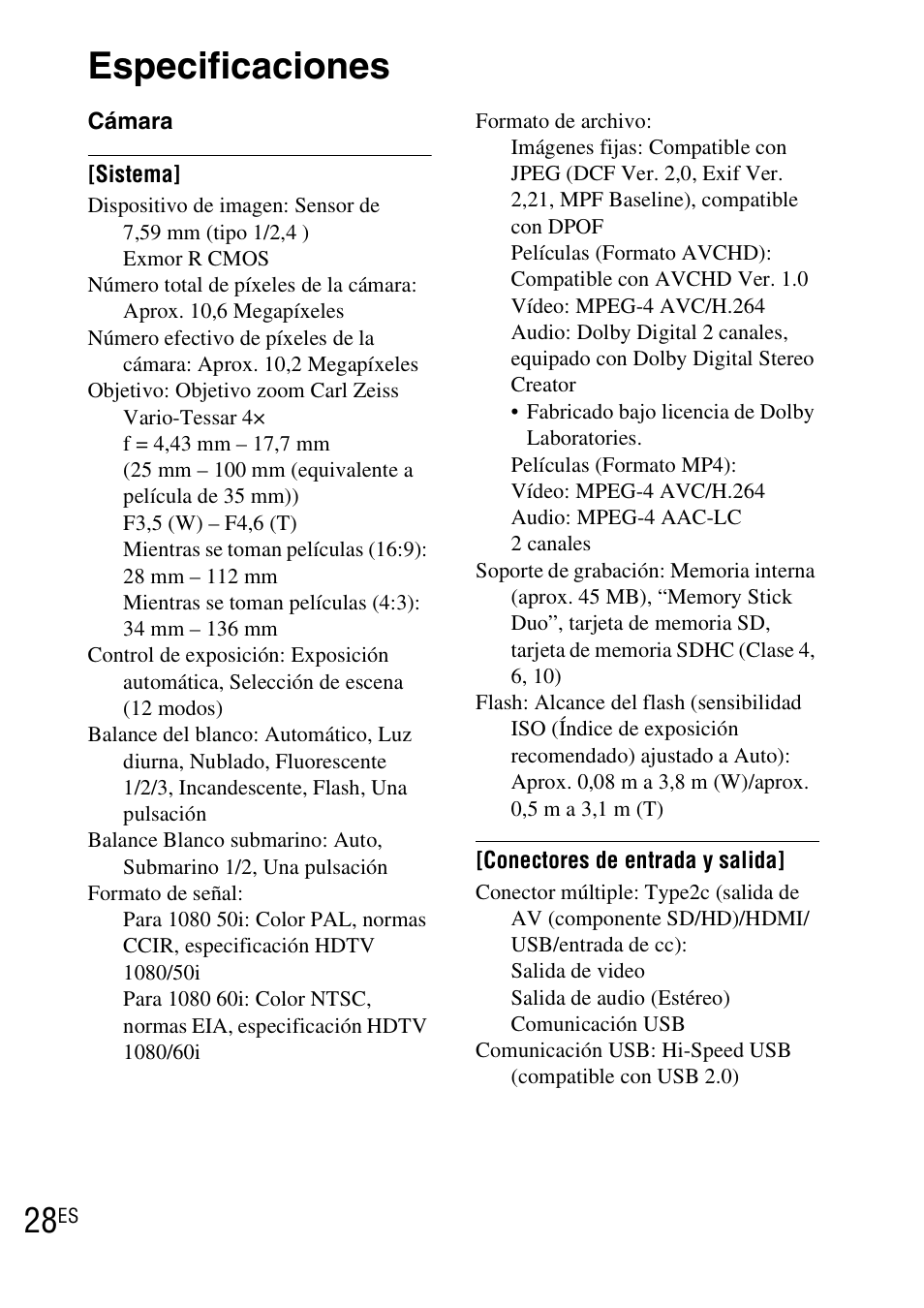 Especificaciones | Sony DSC-TX7 User Manual | Page 58 / 64