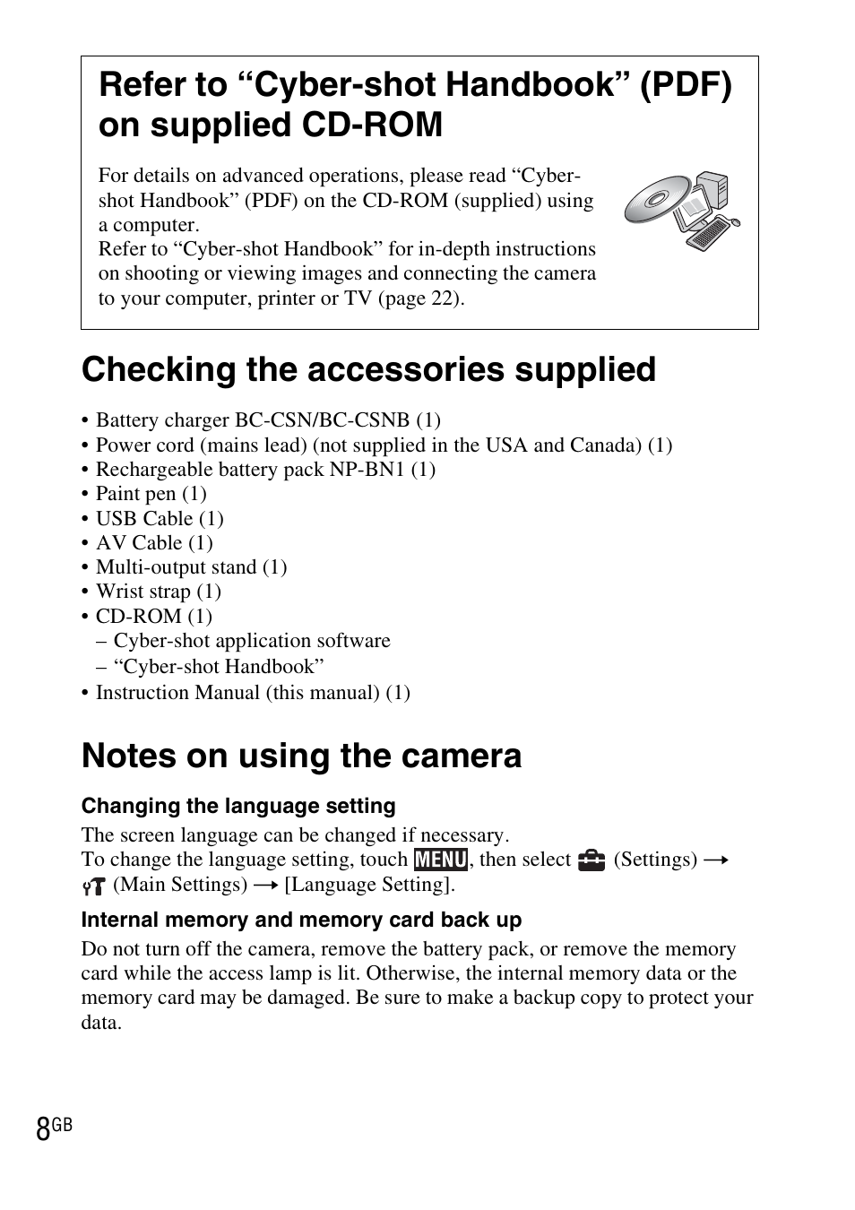 Checking the accessories supplied, Notes on using the camera | Sony DSC-TX7 User Manual | Page 8 / 64