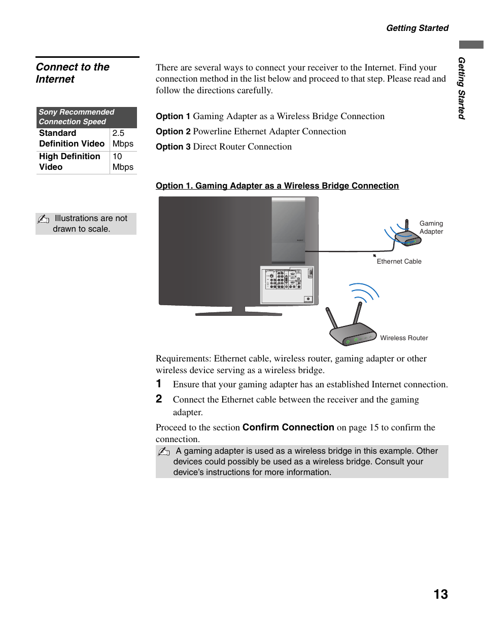 Connect to the internet, Gaming adapter as a wireless bridge connection, Powerline ethernet adapter connection | Direct router connection | Sony KDL-40WL140 User Manual | Page 13 / 48