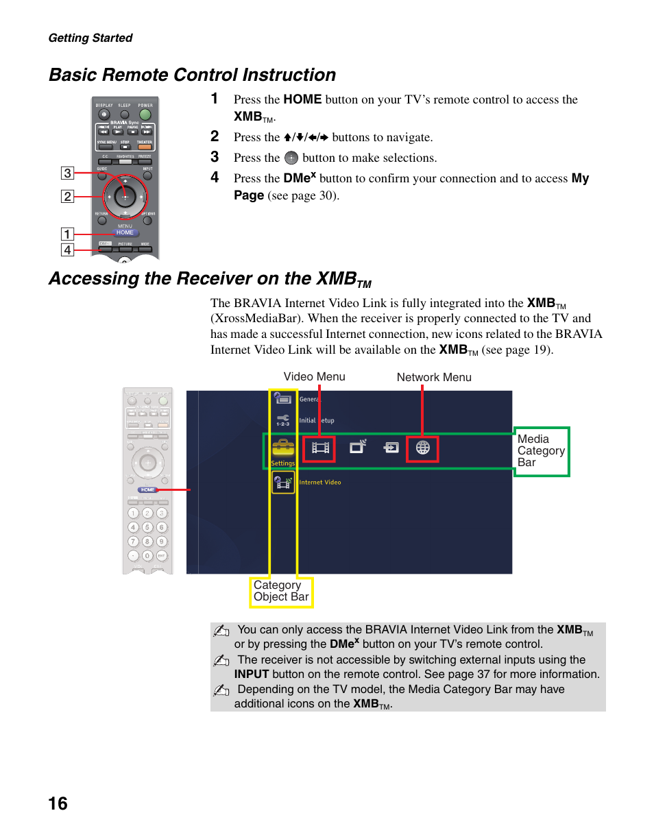 Basic remote control instruction, Accessing the receiver on the xmbtm, 16 basic remote control instruction | Accessing the receiver on the xmb | Sony KDL-40WL140 User Manual | Page 16 / 48