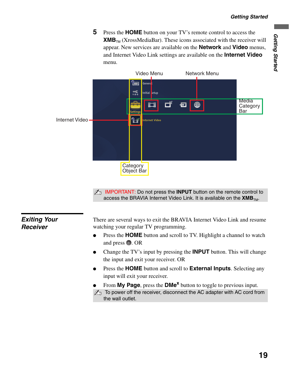 Exiting your receiver | Sony KDL-40WL140 User Manual | Page 19 / 48