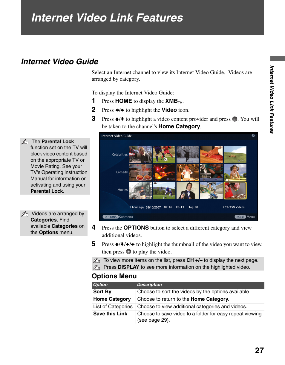 Internet video link features, Internet video guide, Options menu | Sony KDL-40WL140 User Manual | Page 27 / 48