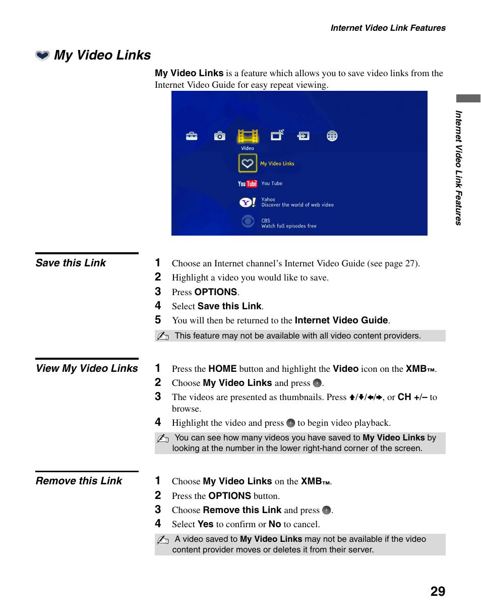 My video links, Save this link, View my video links | Remove this link | Sony KDL-40WL140 User Manual | Page 29 / 48