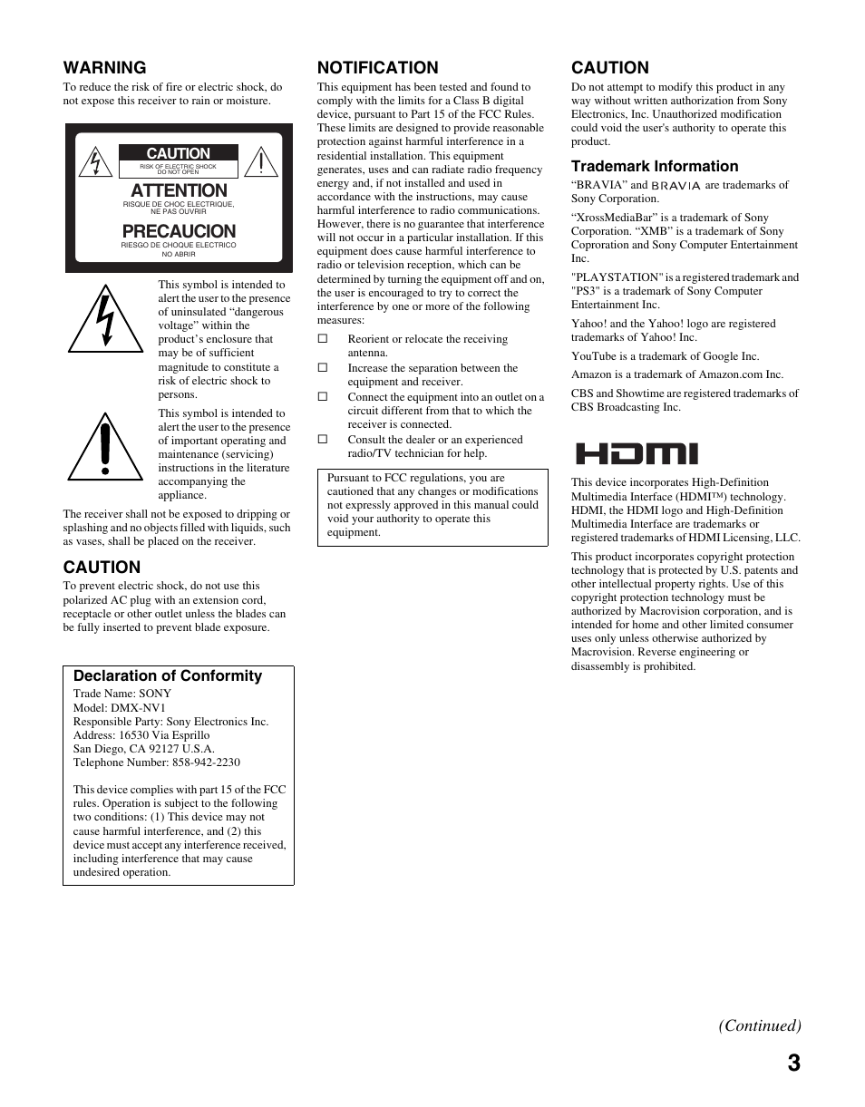 Attention, Precaucion, Warning | Caution, Notification, Continued), Trademark information, Declaration of conformity | Sony KDL-40WL140 User Manual | Page 3 / 48