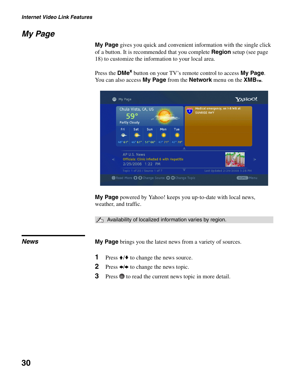 News, 30 my page | Sony KDL-40WL140 User Manual | Page 30 / 48