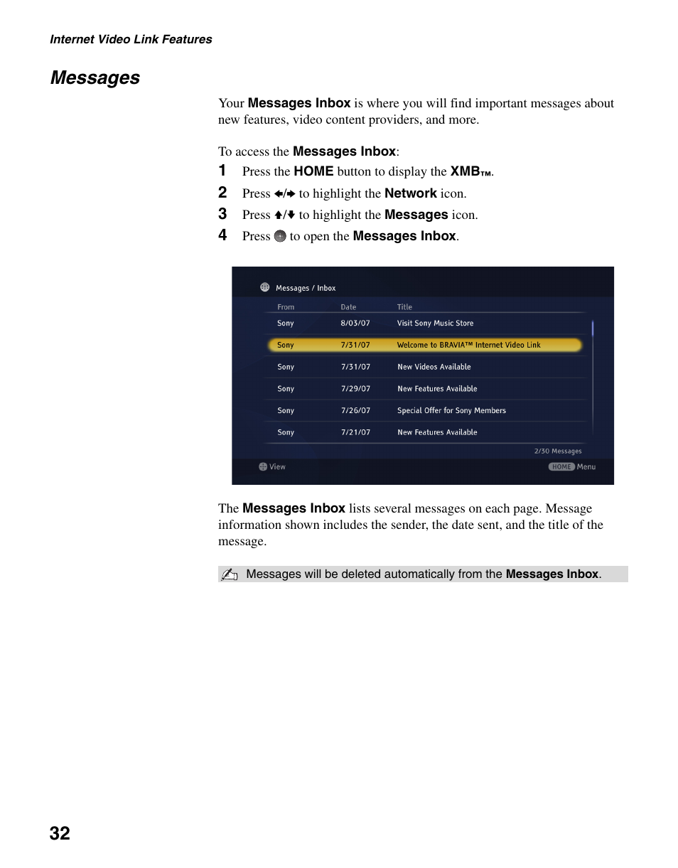 Messages, 32 messages | Sony KDL-40WL140 User Manual | Page 32 / 48