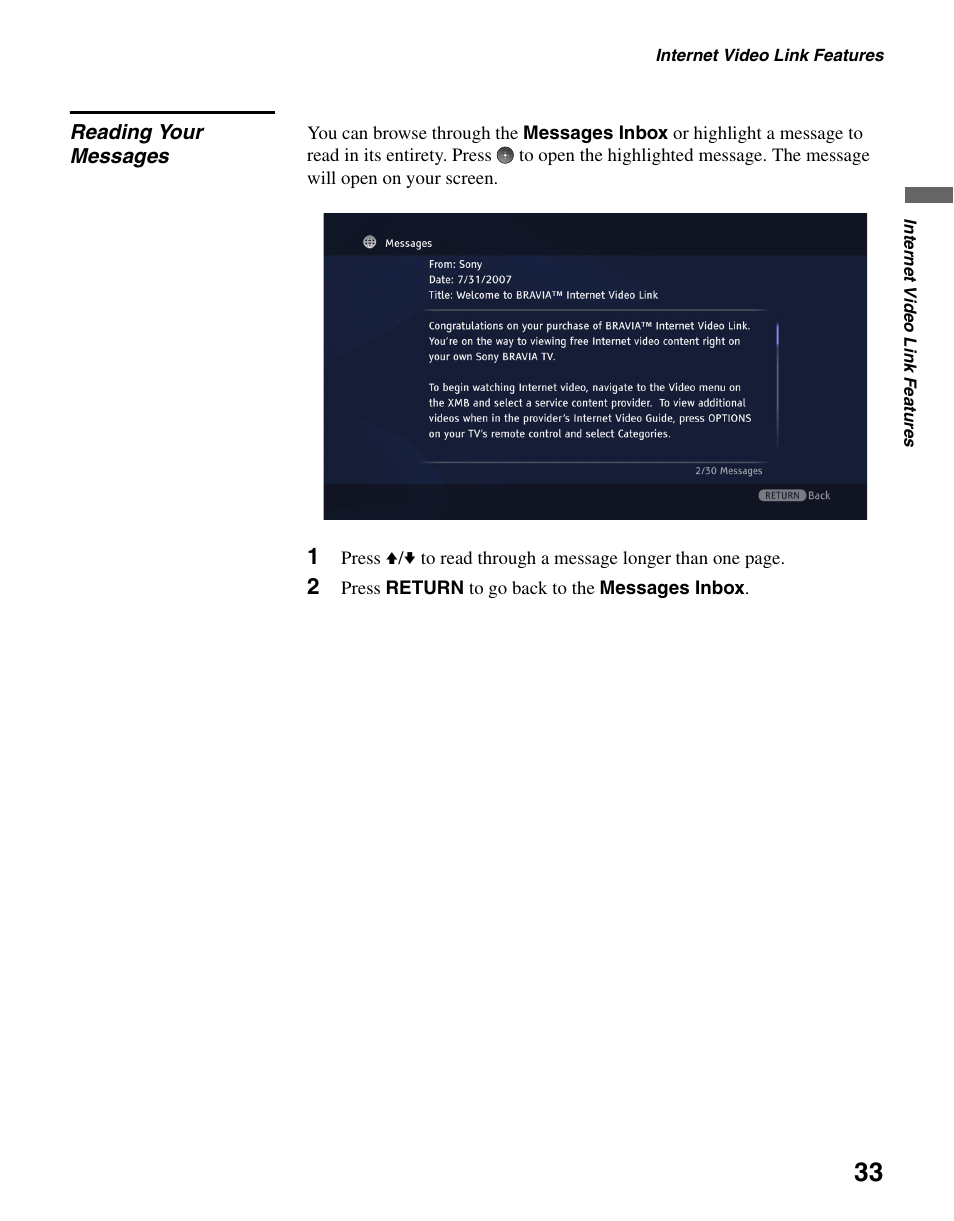 Reading your messages | Sony KDL-40WL140 User Manual | Page 33 / 48
