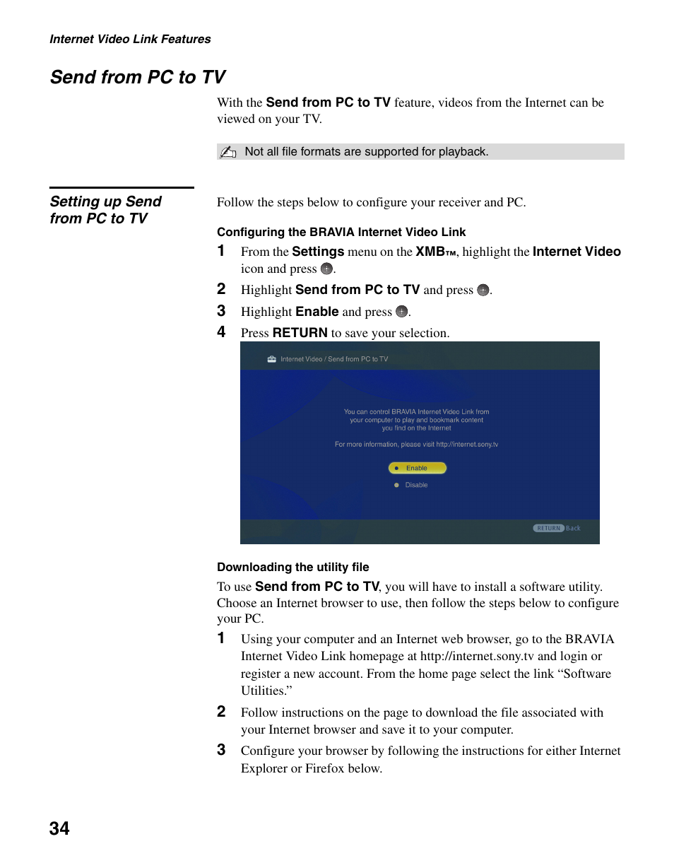 Send from pc to tv, Setting up send from pc to tv, 34 send from pc to tv | Sony KDL-40WL140 User Manual | Page 34 / 48