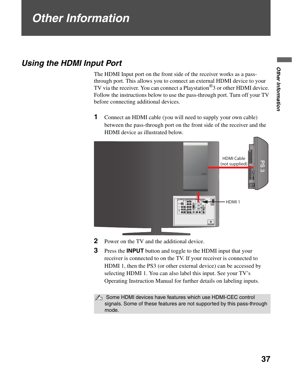 Other information, Using the hdmi input port, Power on the tv and the additional device | Ps 3, Ot her in format ion, Hdmi 1, Hdmi cable (not supplied), Optical) | Sony KDL-40WL140 User Manual | Page 37 / 48