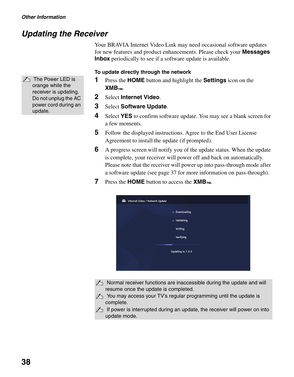 Updating the receiver, 38 updating the receiver | Sony KDL-40WL140 User Manual | Page 38 / 48