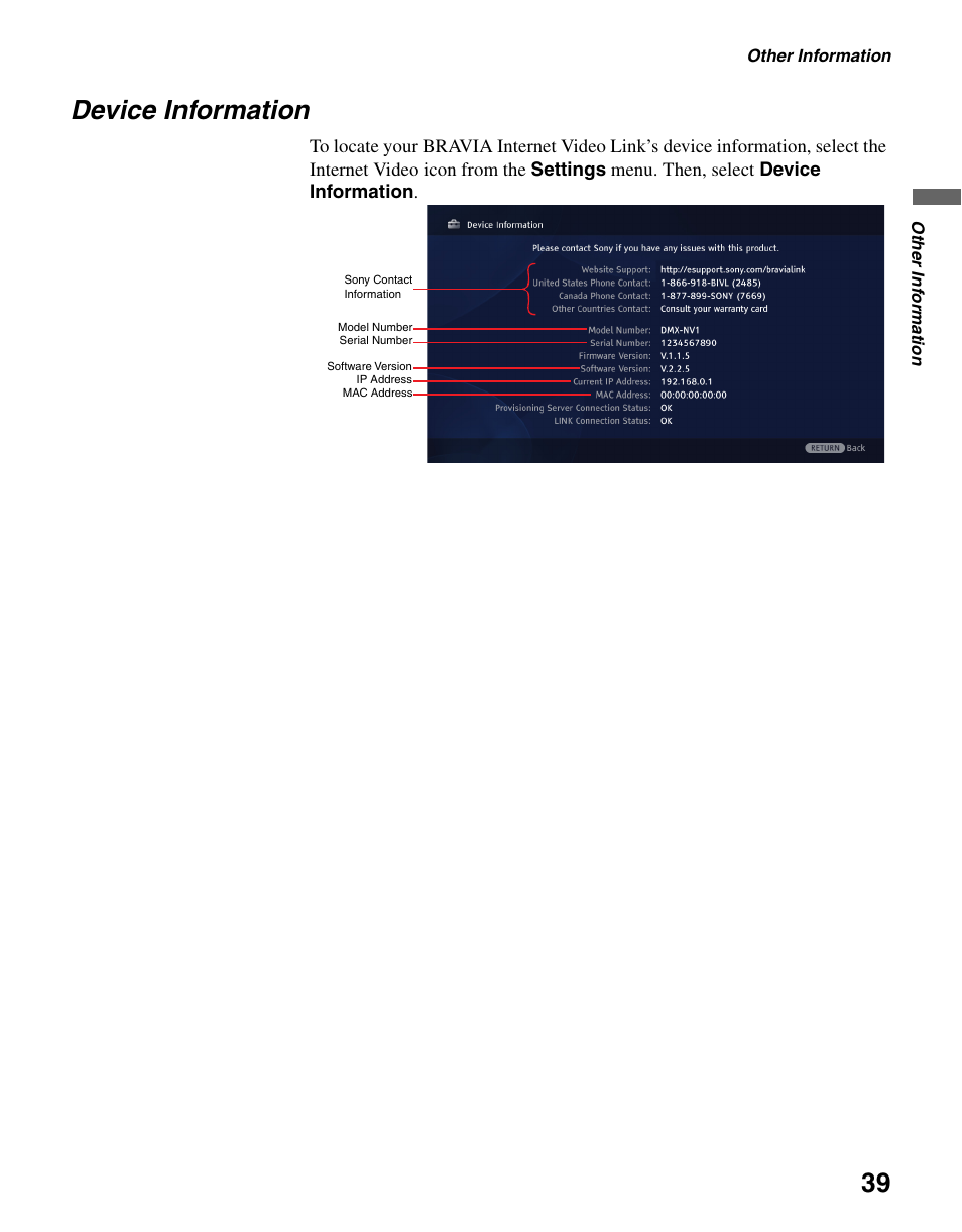 Device information | Sony KDL-40WL140 User Manual | Page 39 / 48