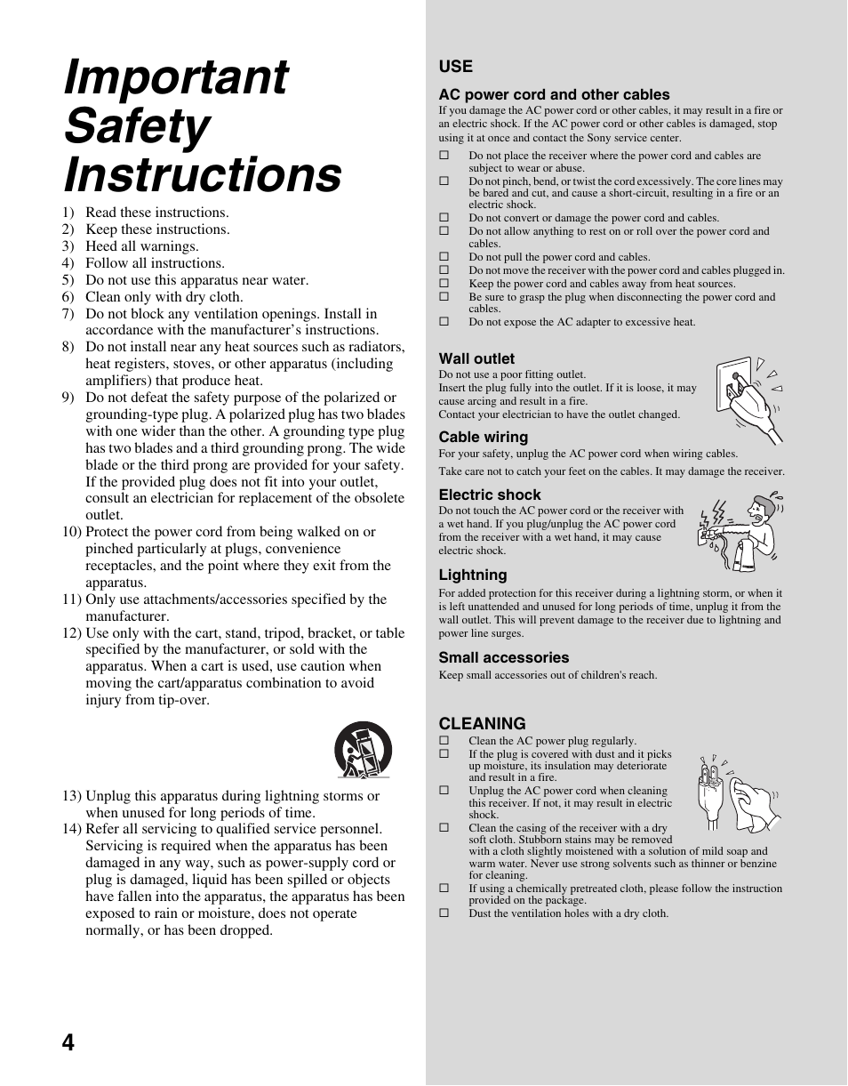 Important safety instructions | Sony KDL-40WL140 User Manual | Page 4 / 48