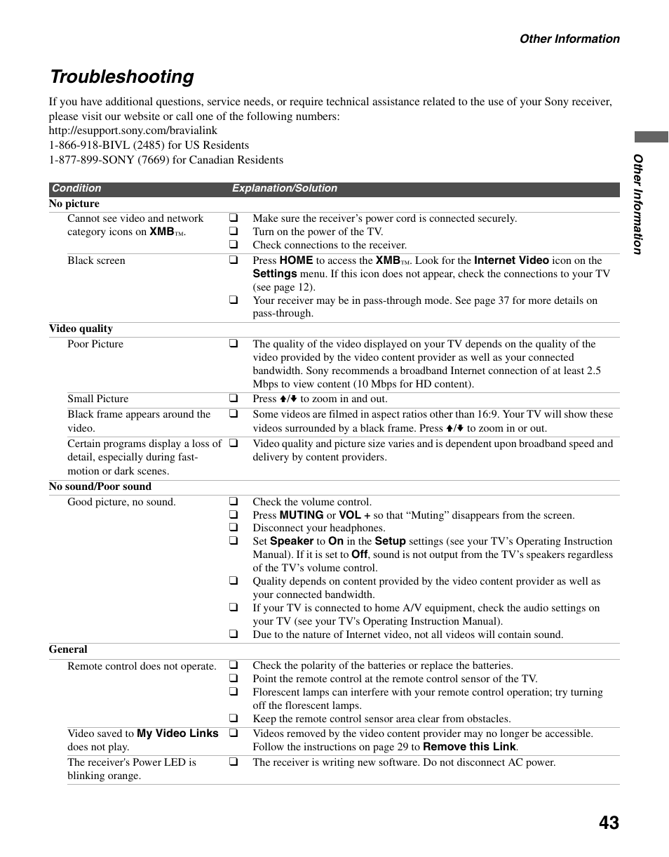 Troubleshooting | Sony KDL-40WL140 User Manual | Page 43 / 48