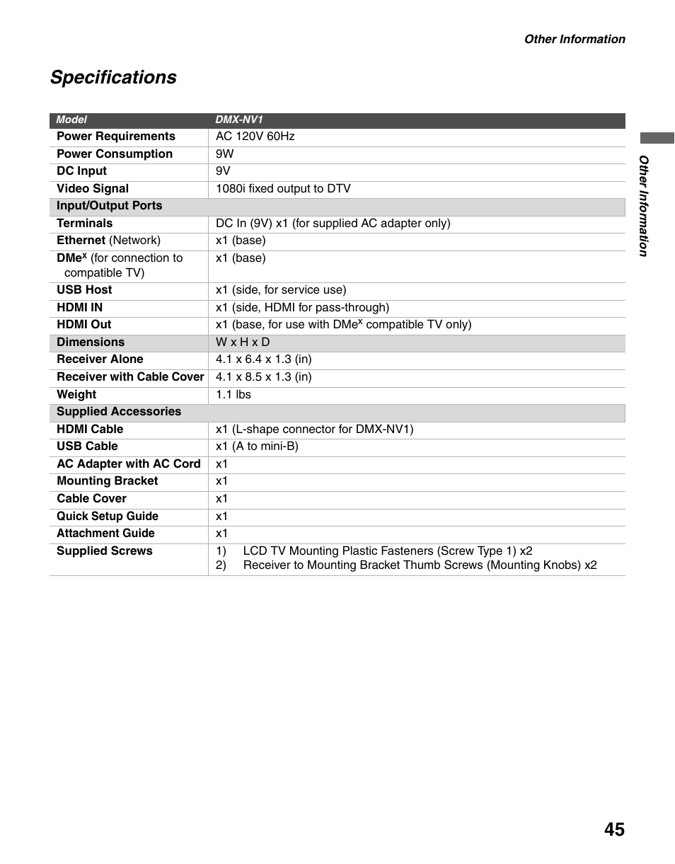 Specifications | Sony KDL-40WL140 User Manual | Page 45 / 48
