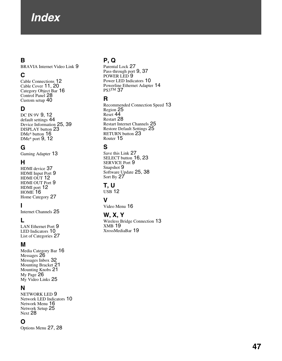 Index | Sony KDL-40WL140 User Manual | Page 47 / 48